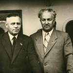 Встреча с писателем Вилисом Лацисом. Второй слева В. Лацис третий И.С. Беляев. 1958г.